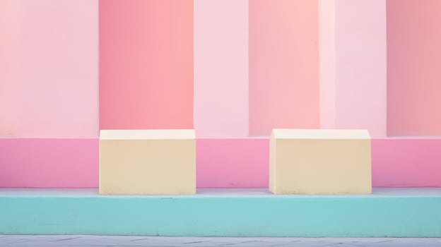 Colorful geometric wall with minimalistic benches photo