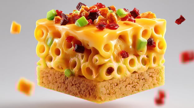 Close-up of a cheesy macaroni cube with green onions and bacon. photo