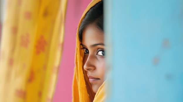 Young girl peeking through colorful curtains photo