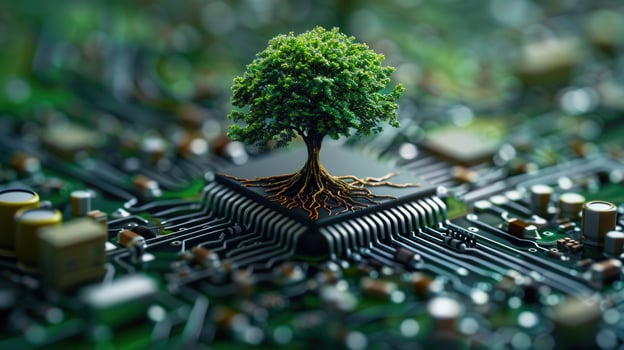 A tree grows from a computer chip, a vibrant symbol of technology and nature's fusion. photo