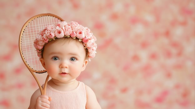 Adorable Baby Boy Holding a Tennis Racket Made of Flowers in a Soft Pastel Background photo