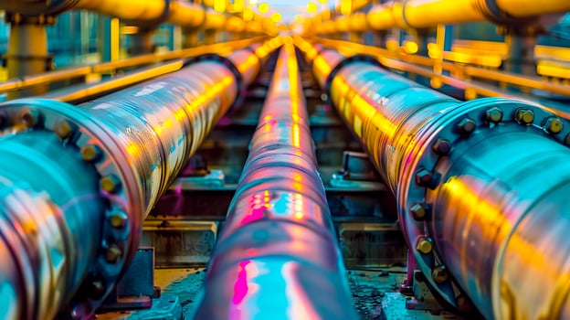 Vibrant Industrial Pipes with Light Reflections in Urban Environment photo