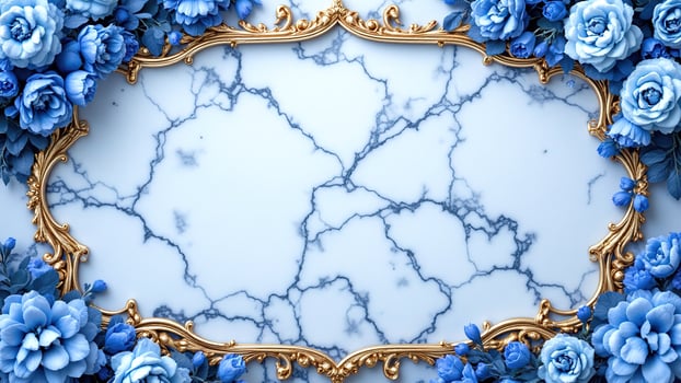 Elegant Blue Floral Frame with Marble Background and Gold Accents photo
