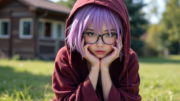 Young Person with Purple Hair in Outdoor Relaxation Scene photo