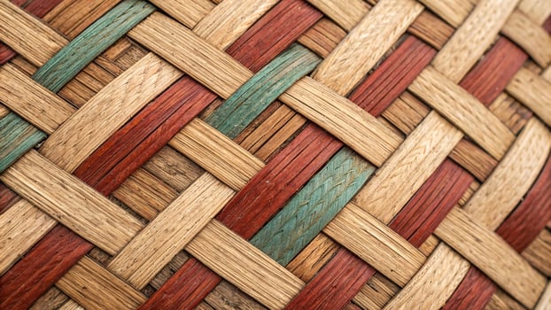 Closeup of a woven colorful bamboo weave texture. photo