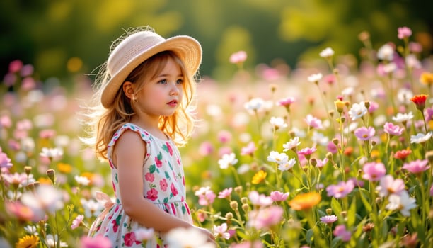 natural little girl in a flower field, in a lifestyle style, expressing wonder photo
