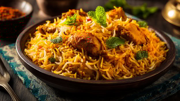 Delicious Chicken Biryani Captured with High Resolution and Focus photo