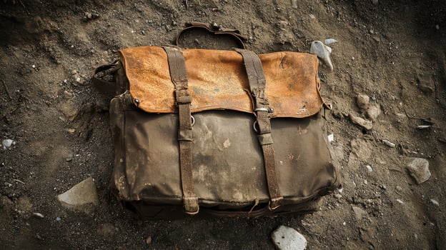Old worn backpack rests on the dusty ground photo