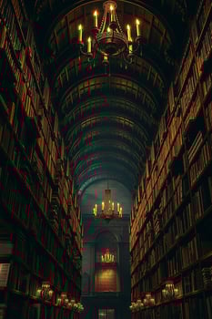 A grand, ancient library filled with dusty books, glowing candlelight, and towering shelves photo