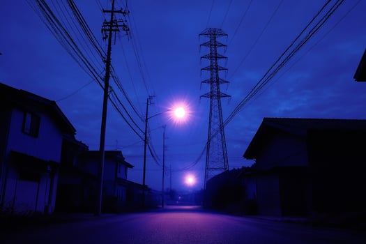 A street with a purple light shining on it photo