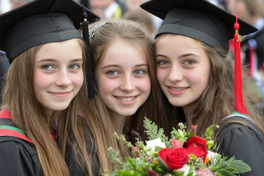 Three young women in graduation gowns and caps photo