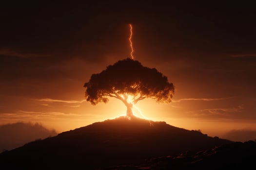 A tree on top of a hill with a lightning bolt coming out of it photo