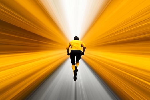 A man running on a yellow light beam photo