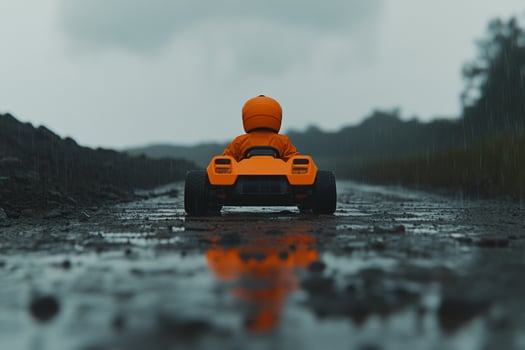 A small toy car driving down a wet road photo