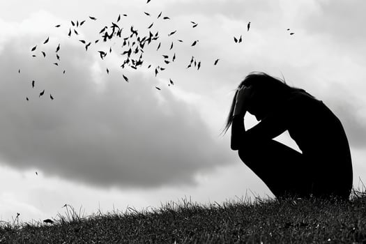 A woman sitting on the grass with birds flying around her photo