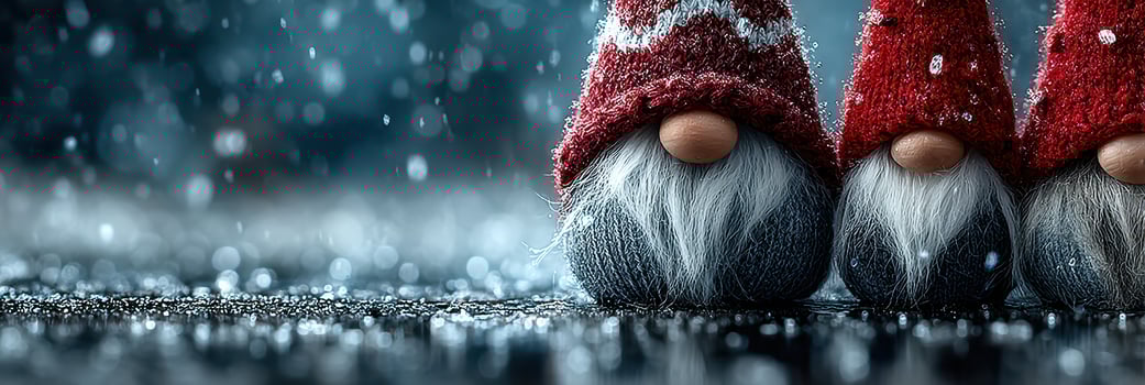 Two whimsical gnomes with radiant red hats sit on a snowy surface during a gentle snowfall in a winter setting photo