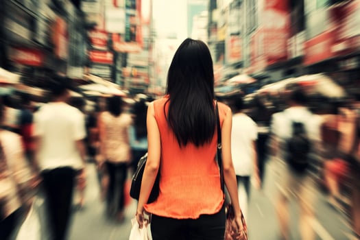 A woman walking down a busy street with many people photo
