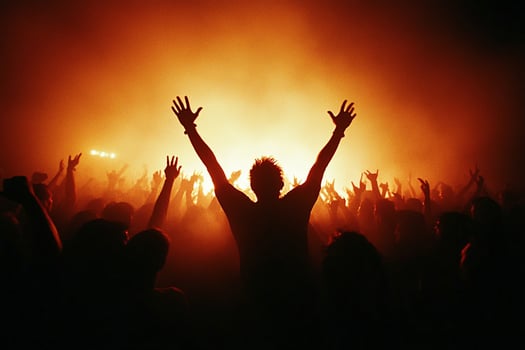 A crowd of people at a concert with their hands up photo