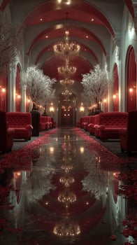 Elegant hallway adorned with cherry blossom trees, red upholstery, and shimmering chandeliers in a luxurious setting photo