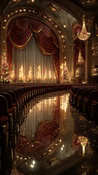 Luxurious theater interior with festive decorations and illuminated stage at night photo