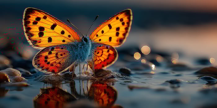Colorful butterfly perched on water surface reflecting sunset hues at a serene nature location photo