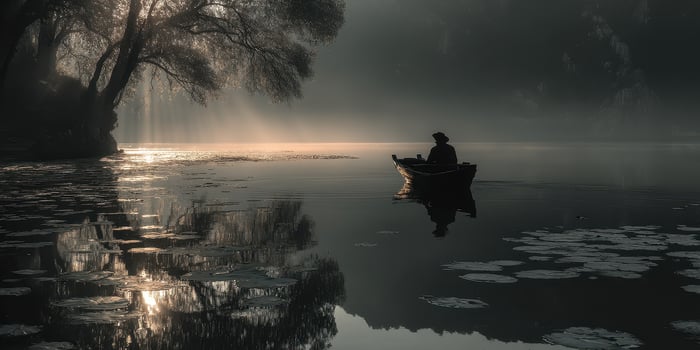 Serenity of dawn on calm waters with a lone figure in a boat surrounded by mist and nature photo