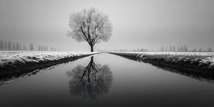 Snow-covered landscape features a solitary tree reflecting on calm water in winter photo