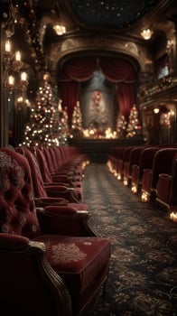 Elegant theater interior with red seating and Christmas decorations during the festive season photo
