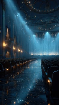 Elegant theater interior with illuminated stage and empty seats during serene evening atmosphere photo