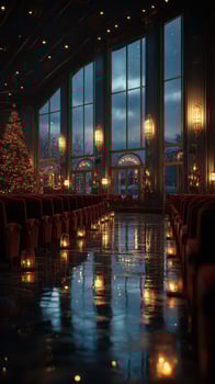 Elegant holiday evening in a beautifully decorated venue with a grand Christmas tree and warm lanterns photo