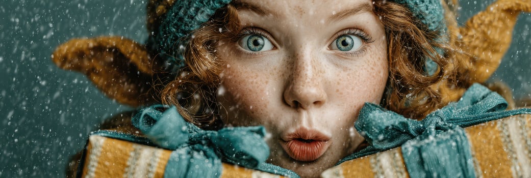 Holiday surprise on a snowy day with a child holding wrapped gifts and expressing excitement photo