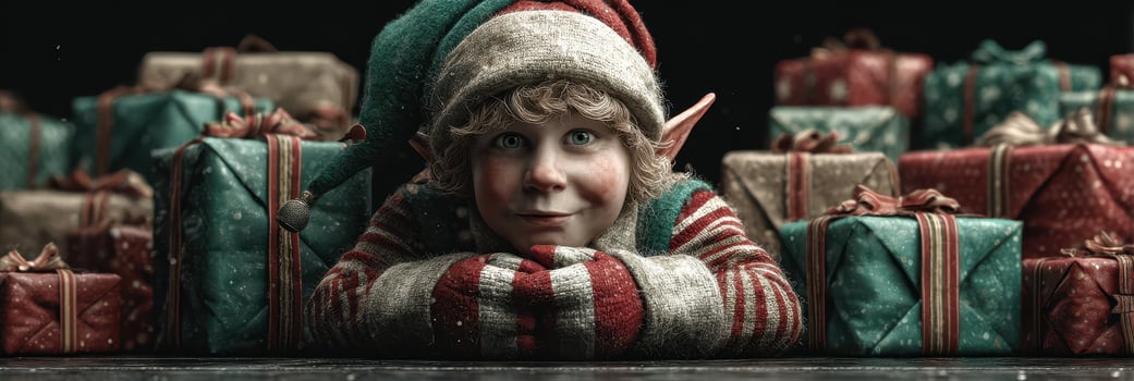 Young elf with light brown hair and a striped outfit rests on a table surrounded by colorful gift boxes during the holiday season photo