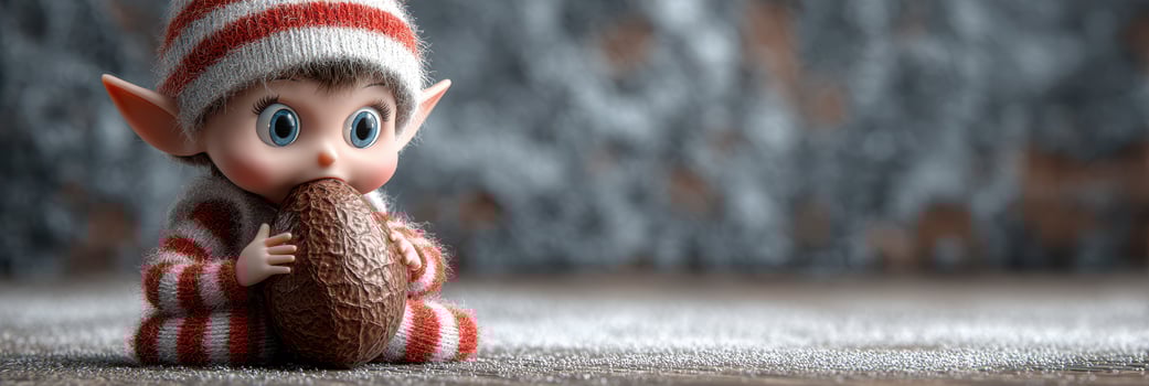 Cute elf child in striped pajamas enjoying a large chocolate egg indoors during wintertime photo