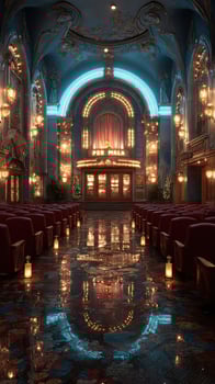 Elegant theater interior with ornate architecture and reflective floor showcasing warm lighting and vintage decor in an atmospheric setting photo