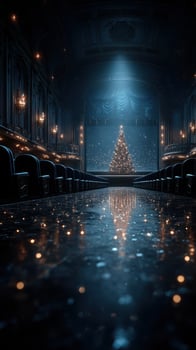 Elegant theater interior decorated for the holidays with a sparkling Christmas tree at center stage photo