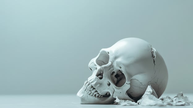 Skull on a surface with fragments around it photo