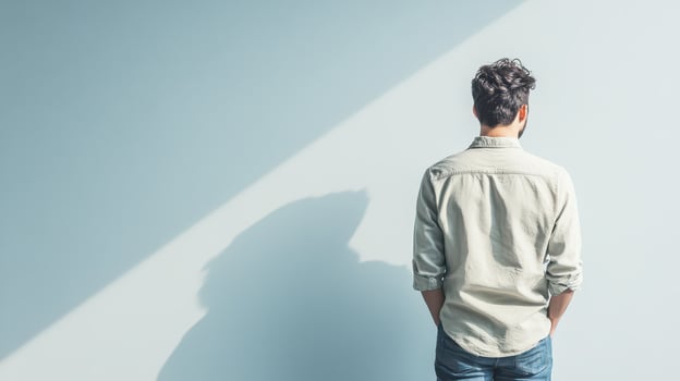 Man stands in contemplative pose by a wall photo