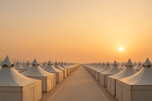 the sun sets behind rows of white tents photo