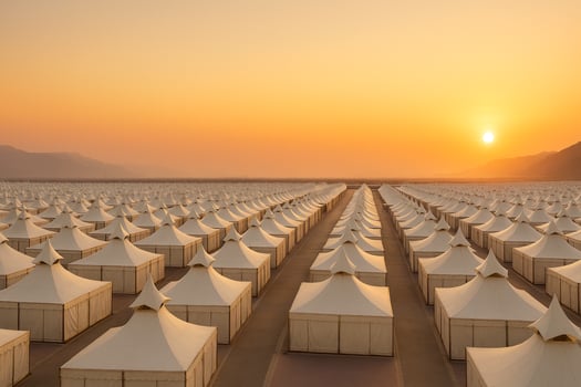 the sun sets over a large field of tents photo