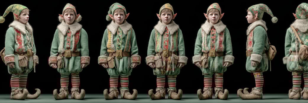 Traditional elf costumes on display featuring a variety of poses and angles highlighting intricate details and festive colors photo
