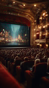 Spectators enjoy a stunning performance in an elegant theater filled with vintage charm and grand architecture at twilight photo