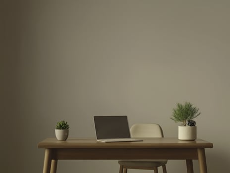 Simple wooden desk with open laptop, small plant, and camera on it creates minimalist workspace. neutral wall background adds to calm atmosphere photo