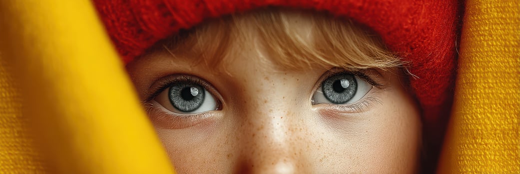Close-up view of a child with striking blue eyes and a red beanie, peeking from behind bright yellow and orange fabric during a chilly day photo