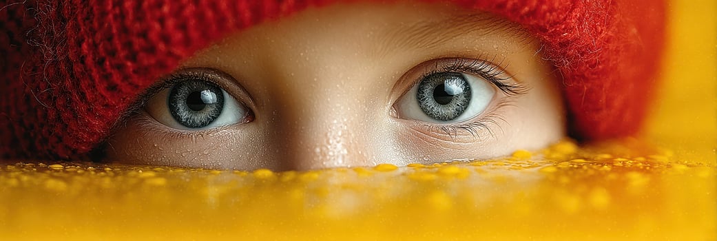 Child with bright blue eyes peeking over vibrant yellow surface wearing a red knitted hat during winter season photo
