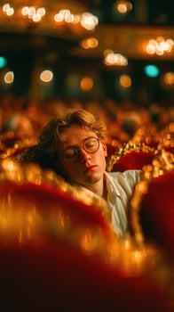 Young man resting in an ornate theater during a performance with warm, glowing lights creating a dreamy atmosphere photo