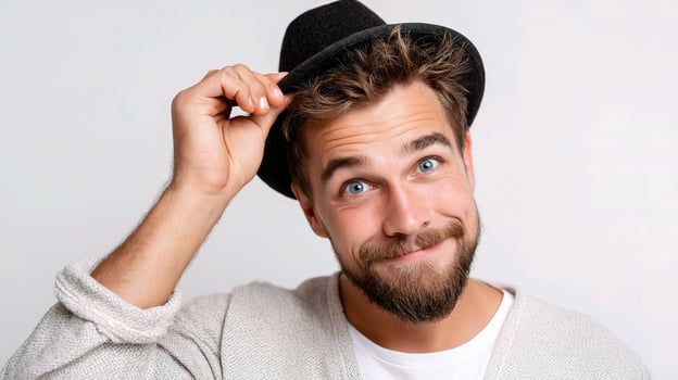 A man with a beard and hat is smiling photo