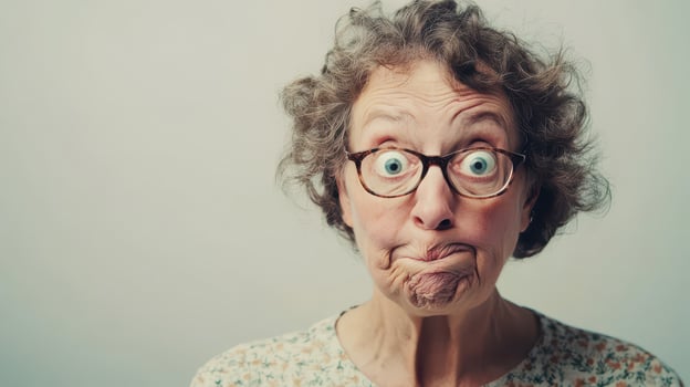 Elderly woman shows funny surprise photo