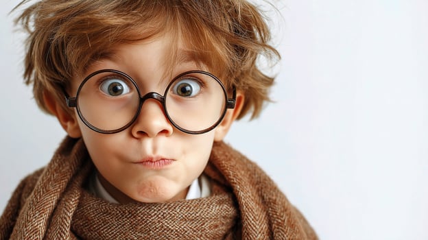 A young boy wearing glasses and a scarf photo