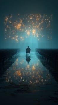Mystical atmosphere surrounds a lone figure seated in an empty hall illuminated by shimmering lights photo