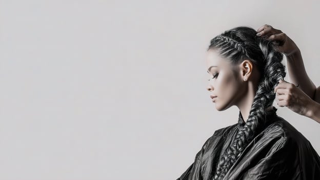 A woman with long hair is getting her hair braided photo